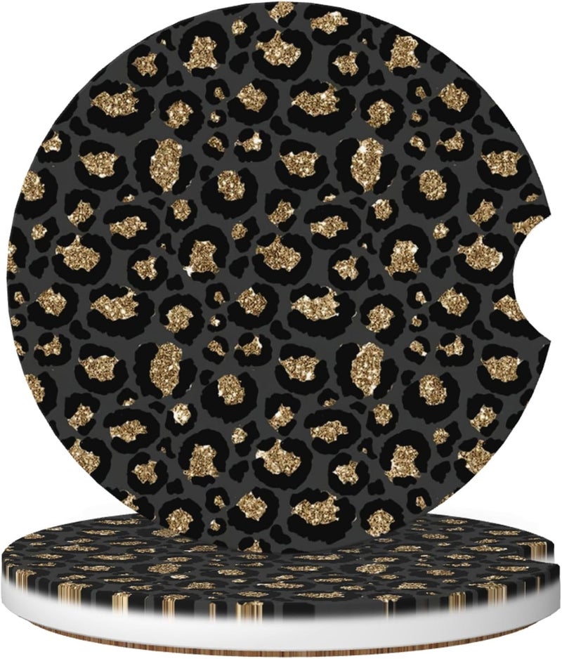 CTVSLFU Absorbent Car Coasters for Cup Holders, 2 Pack Universal Anti Slip Ceramic Cup Coaster for Women Men 2.56 Inch Car Interior Accessories - Black Gold Leopard 003 - Image 1